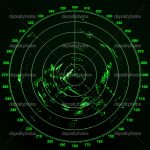 Modern ship radar screen with green round map on black background